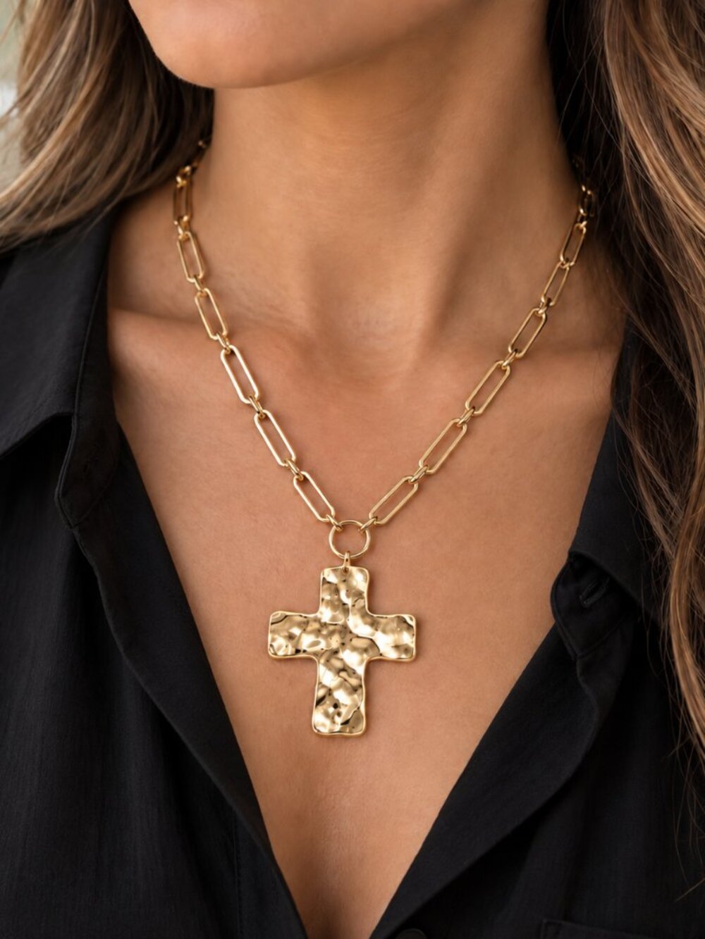 Gold Hammered Cross Necklace Paperclip Chain Sculptural Pendant Jewelry